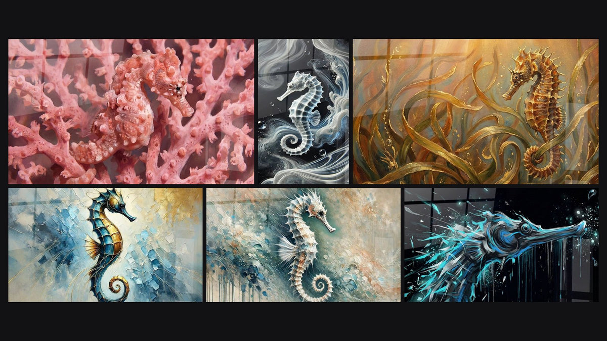 Mosaico de seis cuadros, entre ellos Hipocampo Rosa sobre Coral Ramificado y El alma de los Océanos