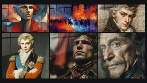 Mosaic of six paintings, including Cubic Reflections Portrait and Military Portrait Majestic Presence