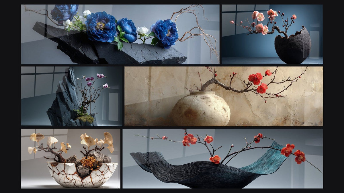 Mosaïque de six tableaux, dont Vase Céramique Fleurs Rouges Tons Beiges