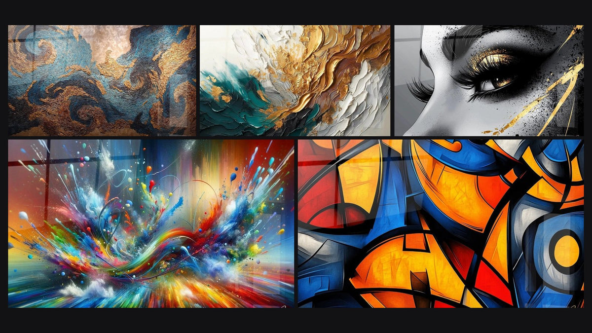 Mosaic of five paintings, including Cosmic Swirls, Trace Artwork in Gold and Jade and Big Bang Artistic Dazzling