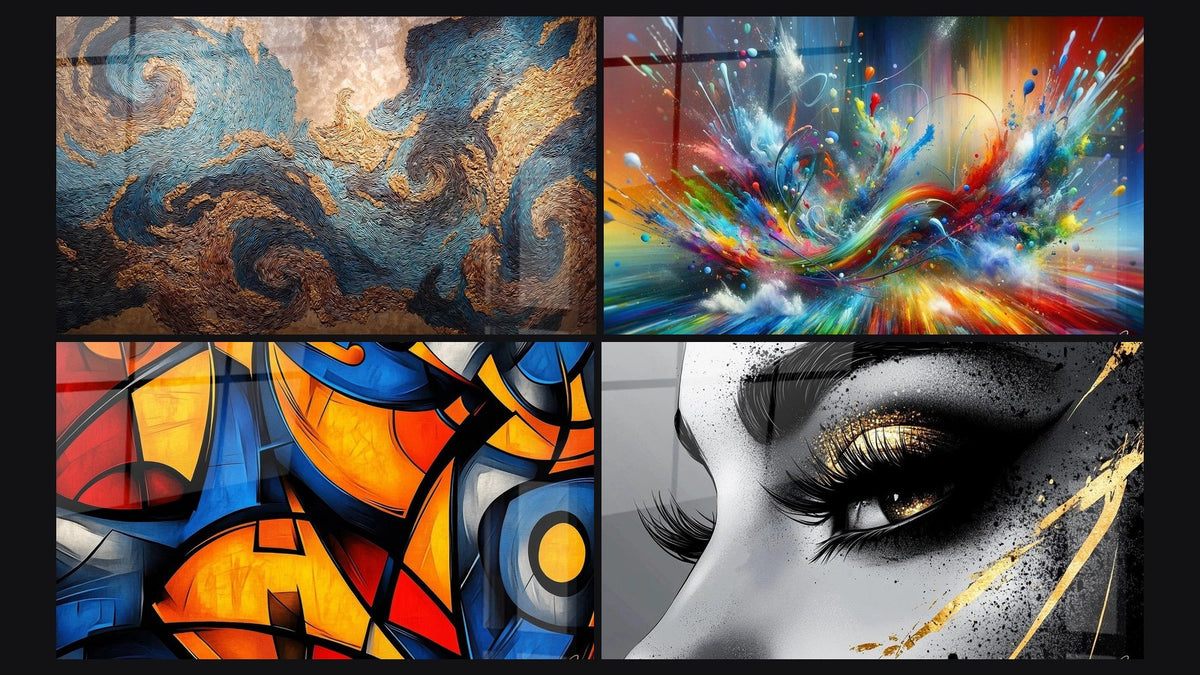 Mosaic of four paintings, including Cosmic Swirls, Big Bang Artistic Dazzling and Colored geometric shapes
