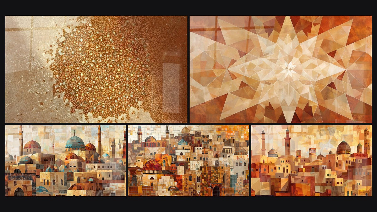 Mosaico de cinco cuadros, entre ellos Arquitectura Oriental Dorada Geométrica