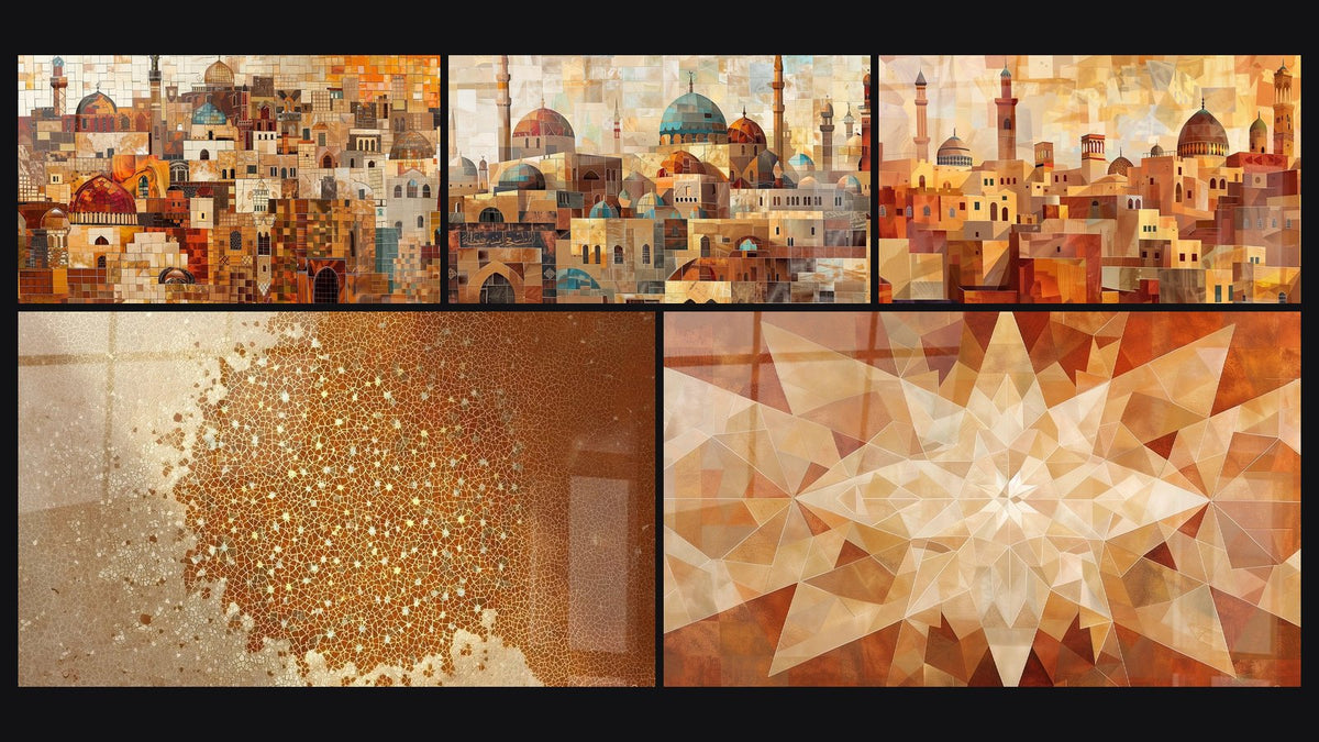 Mosaïque de cinq tableaux, dont Architecture Orientale Dorée Géométrique