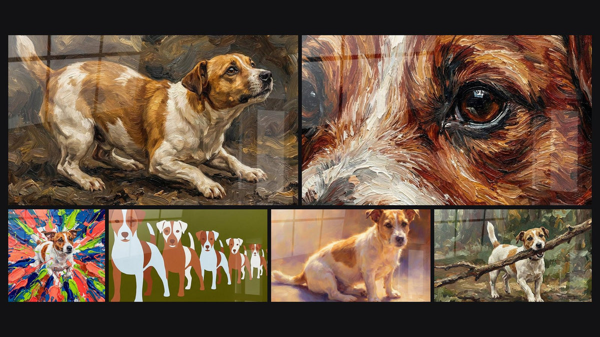 Mosaïque de six tableaux, dont Portrait Canin aux Tonalités Cuivrées et Chien Assis dans la Lumière Dorée