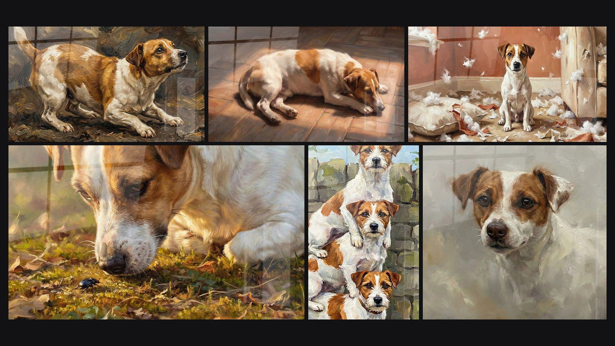 Mosaik aus sechs Gemälden, darunter Liegender Hund in der Sonne auf Parkett und Frecher Hund im Federchaos