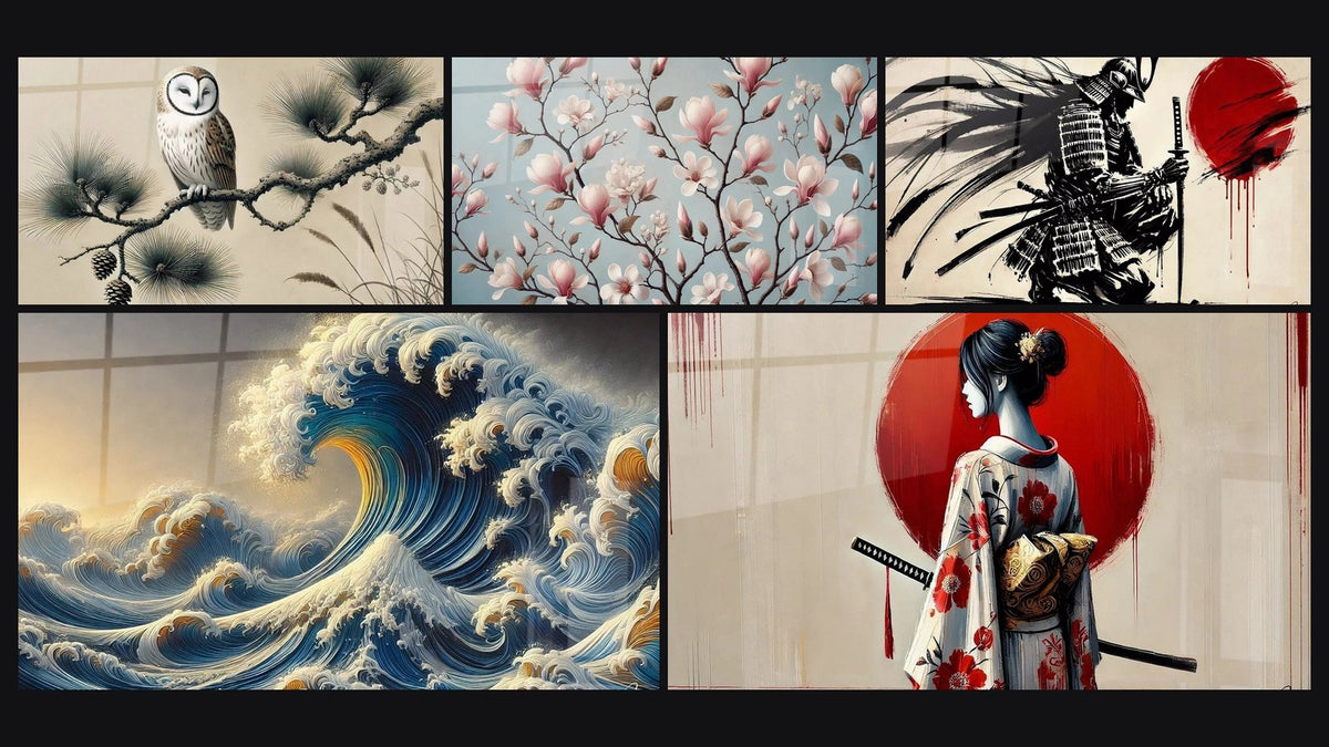 Mosaic of five paintings, including Owl Under the Pines, Elegant Floral and The Warrior Soul