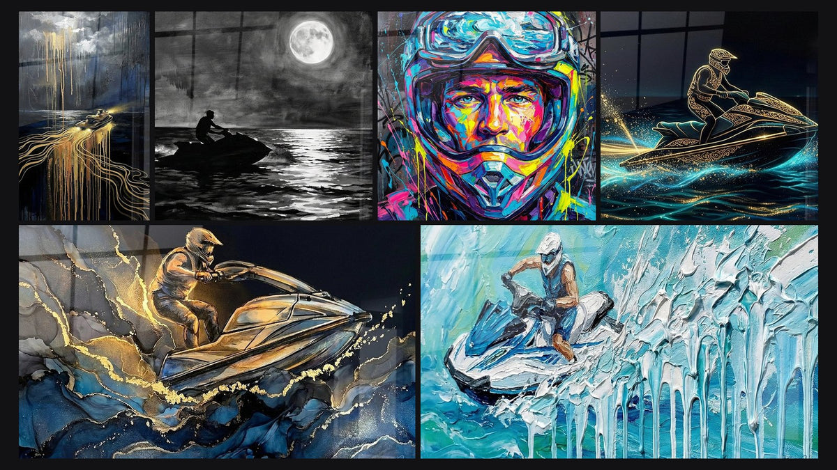 Mosaïque de six tableaux, dont Jetski Tempête Dorée, Jetski Nocturne et Pilote de Jetski