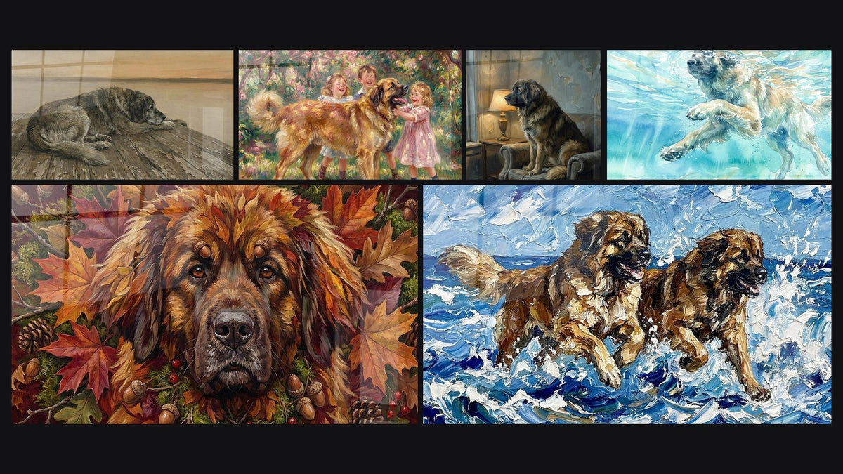 Mosaïque de six tableaux, dont Chien Allongé sur Plancher Vieilli et Enfants et Leonberg dans un Jardin Fleuri
