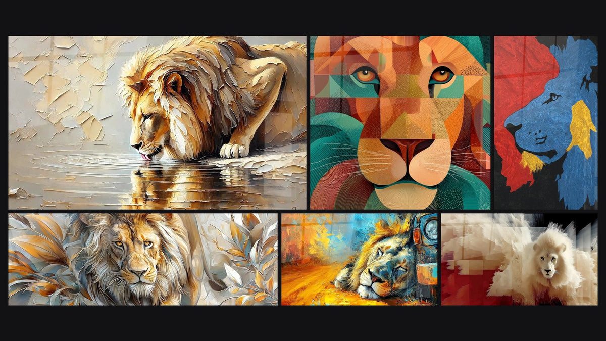 Mosaïque de six tableaux, dont Roi des Reflets, Lion Couché aux Tons Dorés et Bleus et Lion Bleu et Rouge sur Fond Noir