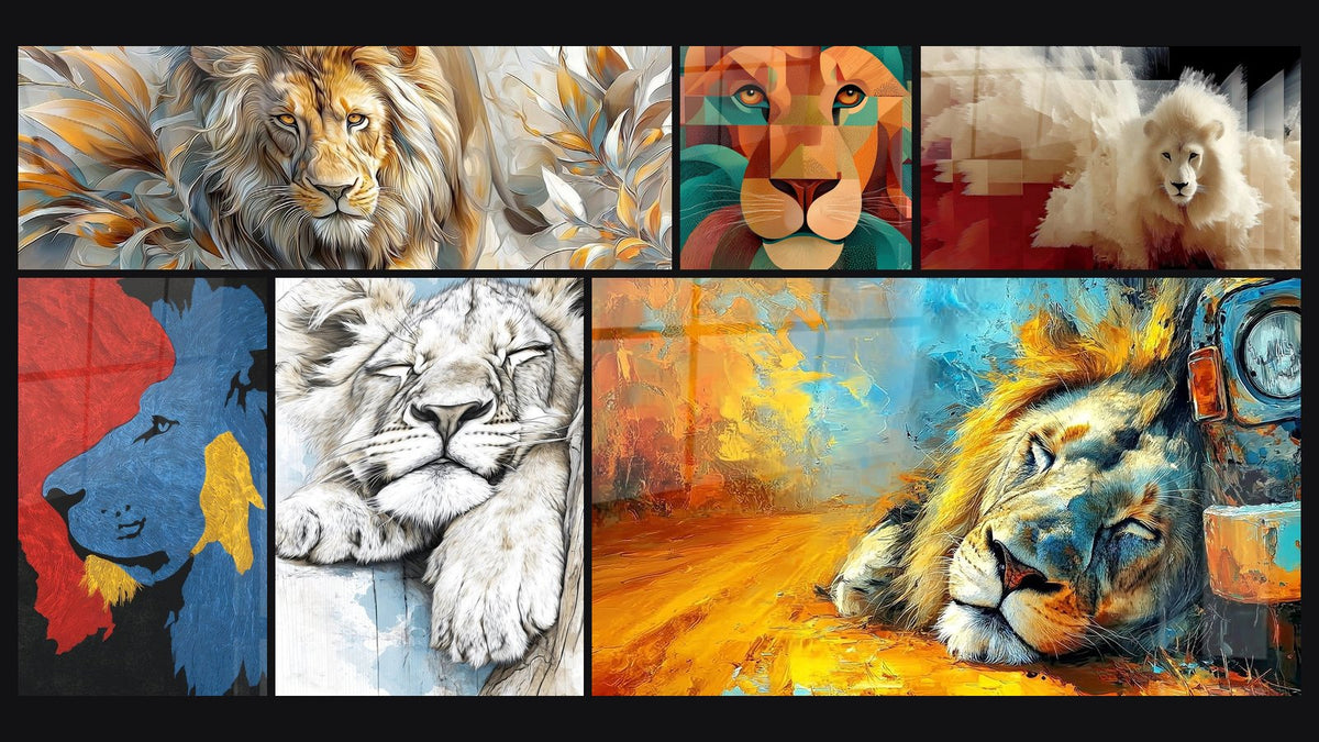 Mosaïque de six tableaux, dont Lion Bleu et Rouge sur Fond Noir et Lion Couché aux Tons Dorés et Bleus