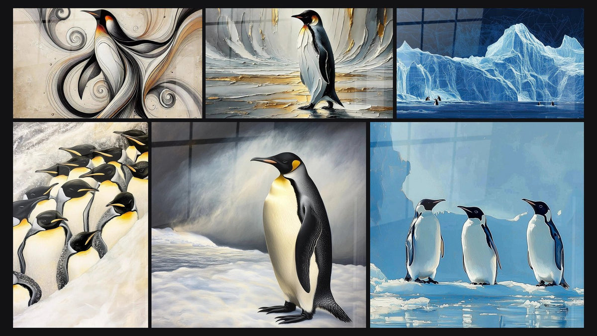 Mosaïque de six tableaux, dont Plumage Impérial, Majesté des Glaces et Manchot Chœur des glaces