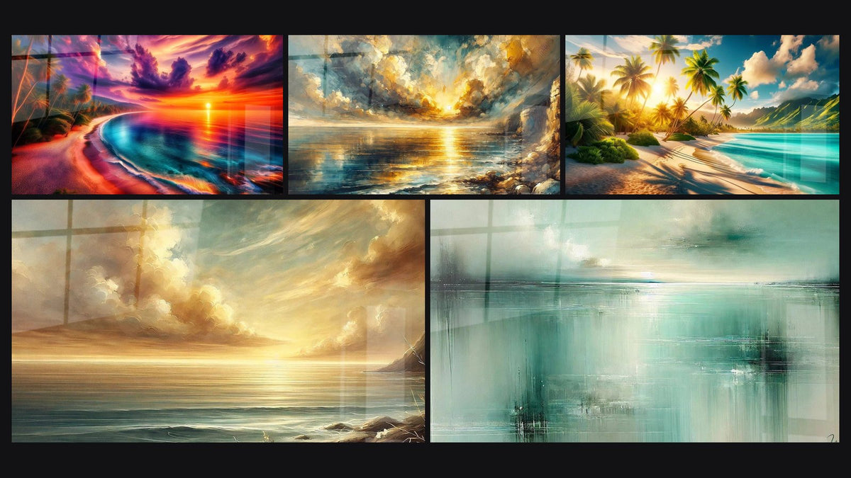 Mosaïque de cinq tableaux, dont Crépuscule Flamboyant en Bord de Mer, Crépuscule Doré et Douceur du Crépuscule