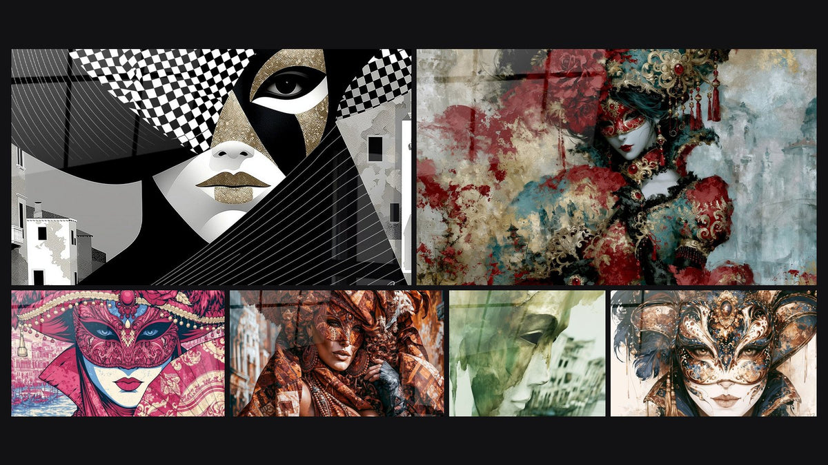 Mosaico de seis cuadros, entre ellos Rostro negro y dorado a cuadros suspendido y Silueta Enmascarada Rojo y Azul Cerceta