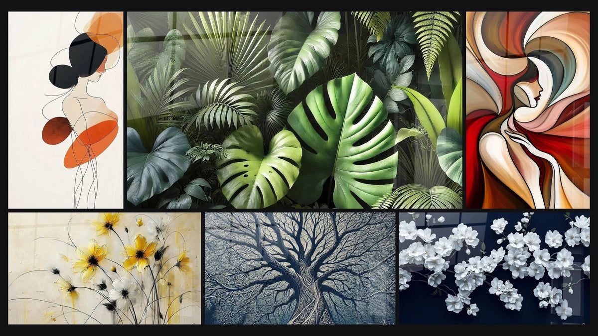 Mosaïque de six tableaux, dont Féminité Déliée, Forêt de Feuilles et Fleurs de Soleil