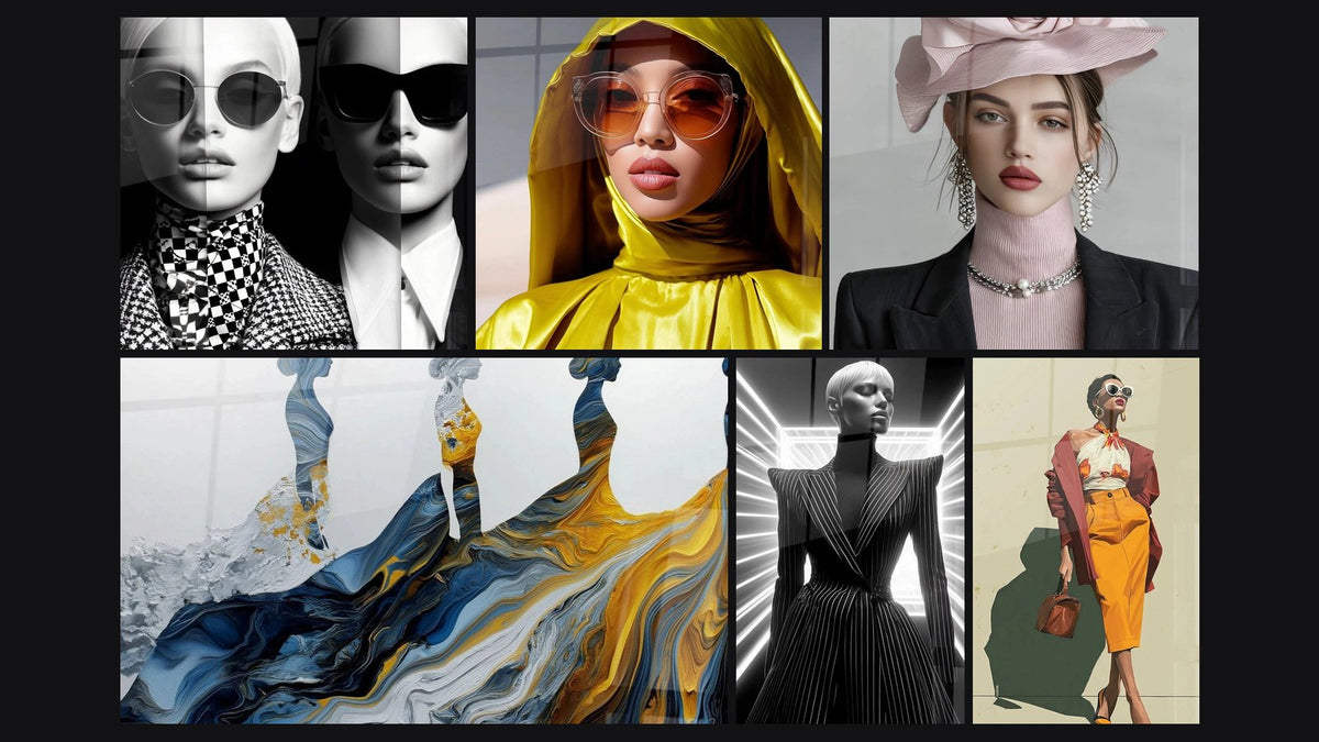 Mosaïque de six tableaux, dont Fashion, Mode et Mode Artistique