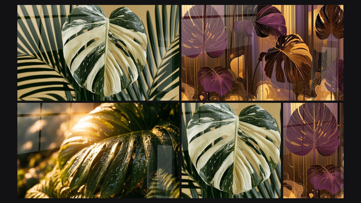 Mosaic of five paintings, including Mixed Green and White Leaf and Purple and Gold Leaves with Fine Veins