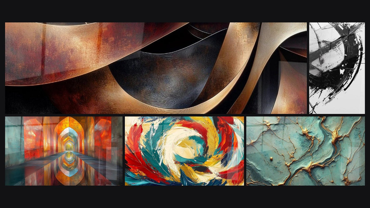 Mosaic of five paintings, including Sinuosities Meditation Ochre, Arched Iridescent Vermillion and Cosmic Metamorphosis
