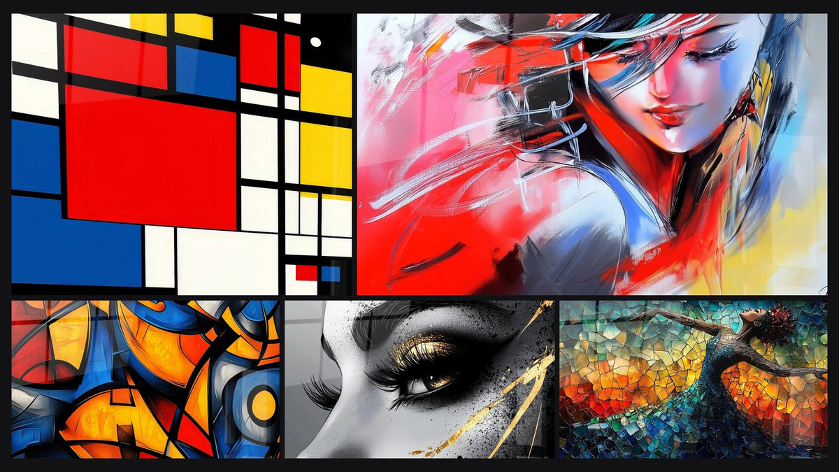 Mosaic of five paintings, including Geometric Mondrian composition, Woman Portrait Abstract and Colored geometric shapes
