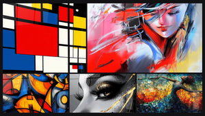 Mosaïque de cinq tableaux, dont Composition géométrique mondrian, Femme portrait abstrait et Formes géométriques colorées