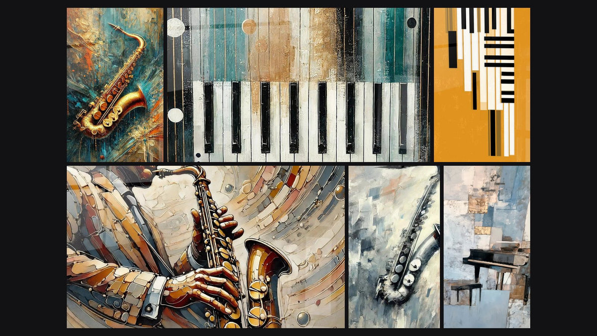 Μωσαϊκό από έξι πίνακες, ανάμεσά τους Jazz σε Χρυσό, Jazz No.1 και Η Ψυχή του Σαξοφώνου
