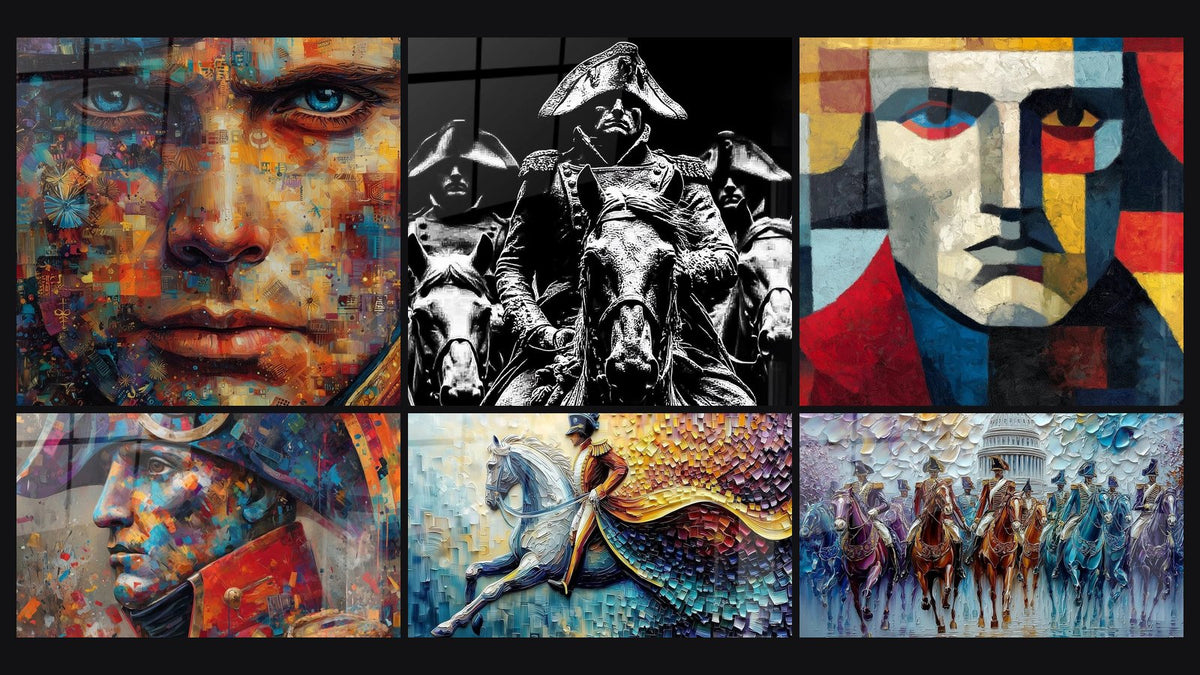 Mosaïque de six tableaux, dont Napoléon Regard Conquérant, Napoléon Ombre Impériale et Visage Puzzle Expressif