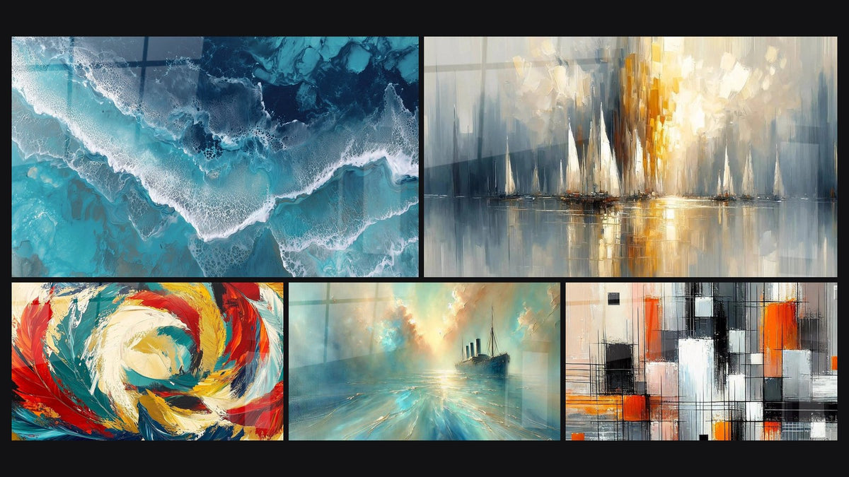 Mosaic of five paintings, including Cosmic Metamorphosis, Heart of the Breeze and Mechanics of Colors