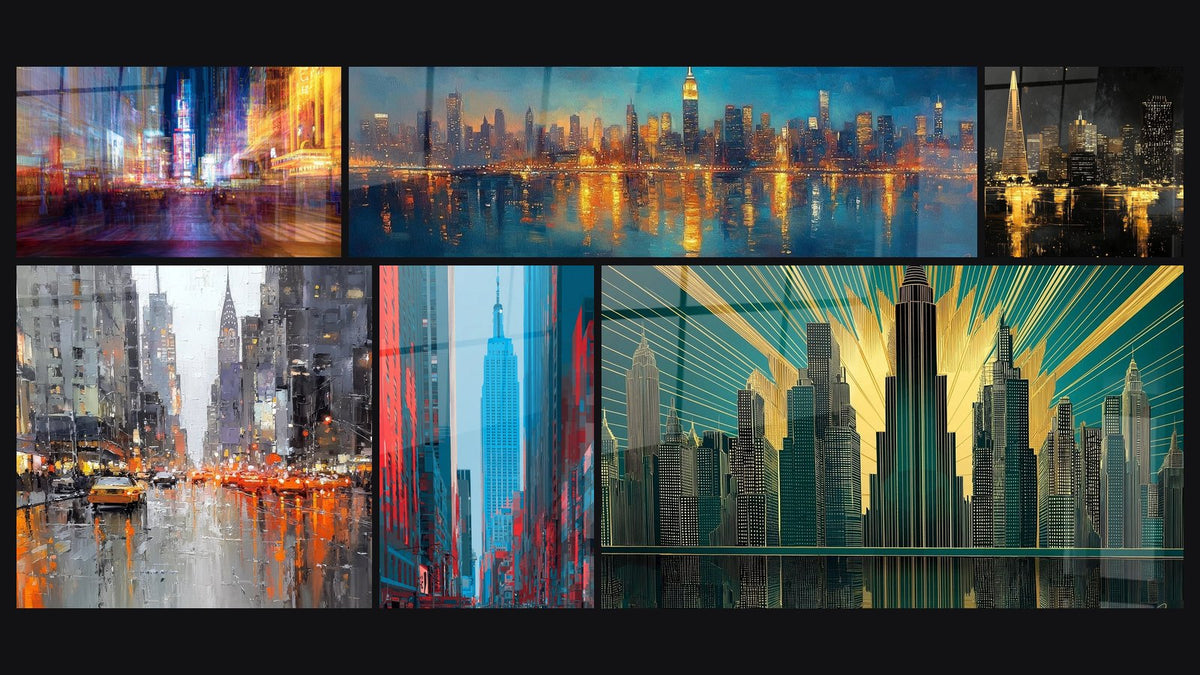 Mosaico de seis cuadros, entre ellos Times Square abstracto, Calle neoyorquina bajo la lluvia y Edificio Empire State