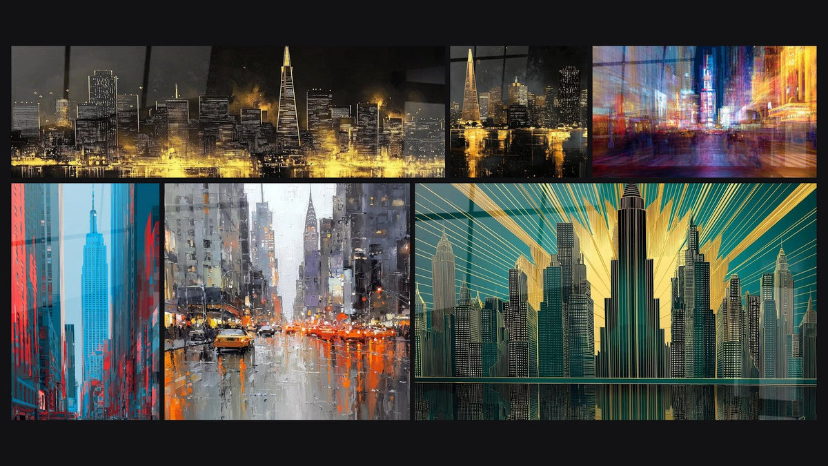 Mosaïque de six tableaux, dont Buildings Sentinelles dorées, Empire State Building et Métropole Éclats dorés