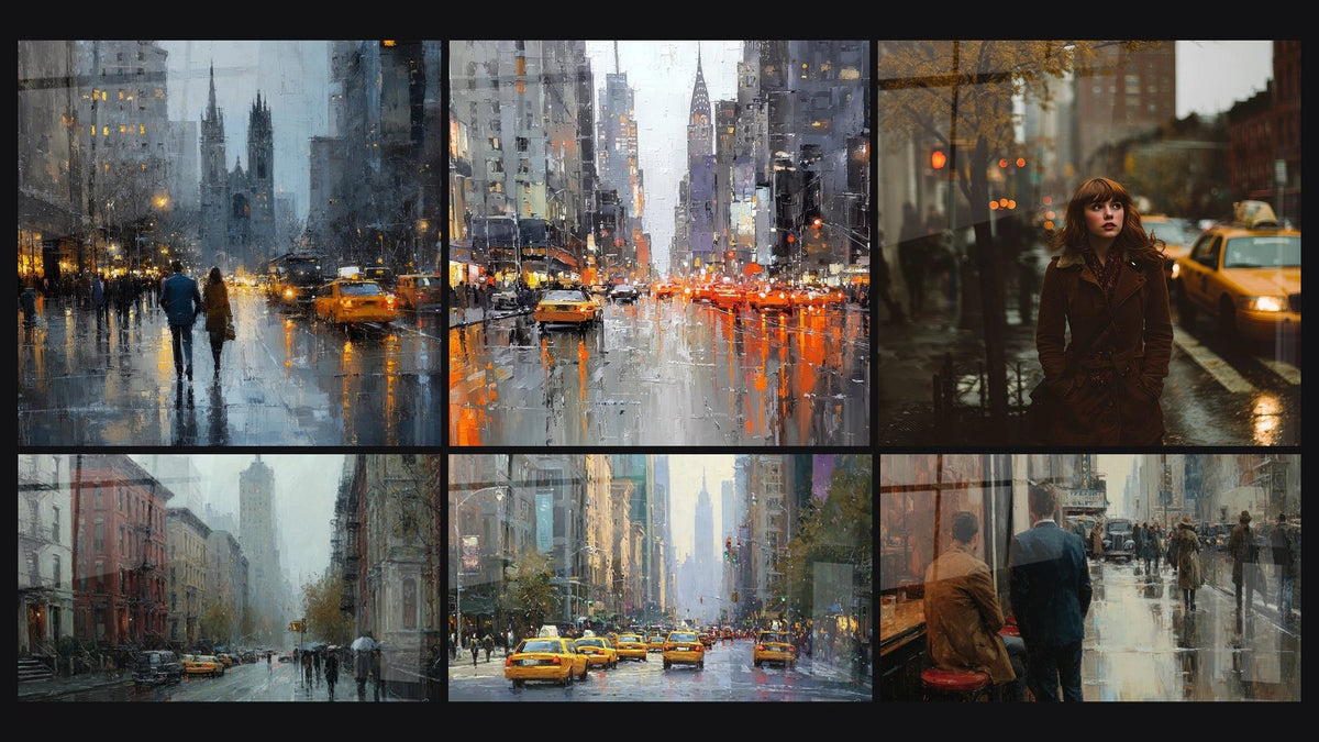 Mozaïek van zes schilderijen, waaronder New Yorkse straat in de regen en Regenachtige straat New York