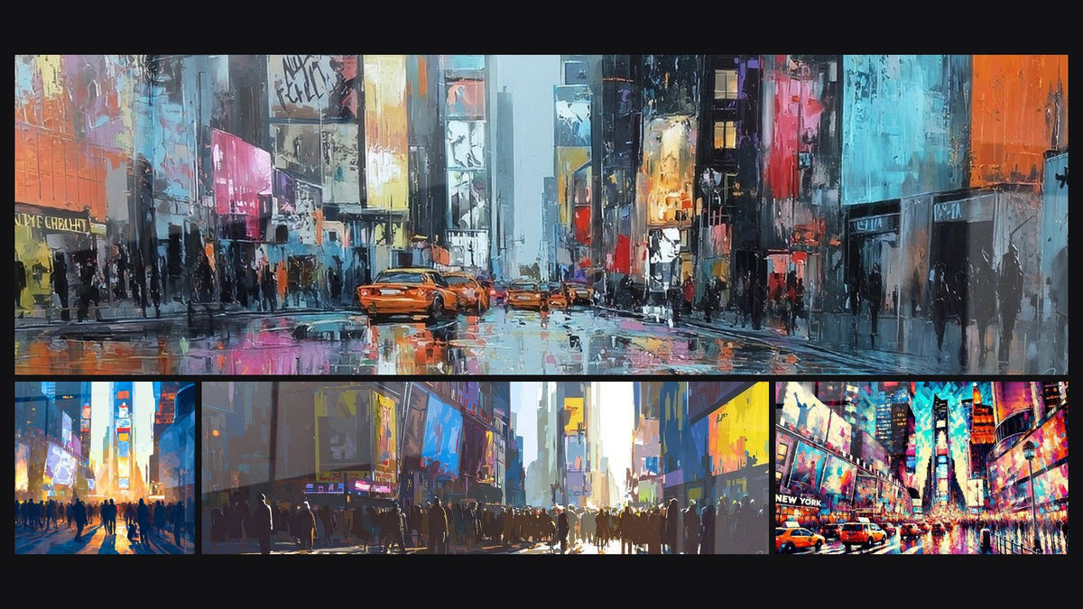 Mosaic of four paintings, including Times Square in the Rain, Times Square Urban and Times Square Wall Art No. 1