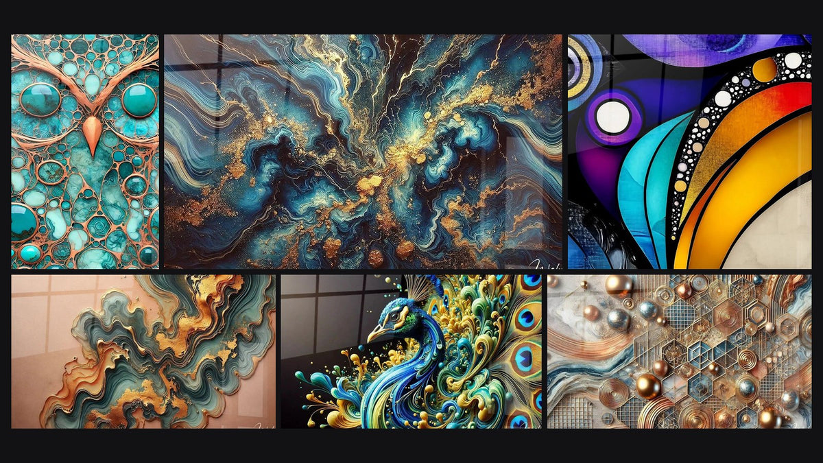 Mosaïque de six tableaux, dont Plumes de Saphir, Onde Cuivré et Onde de Minuit