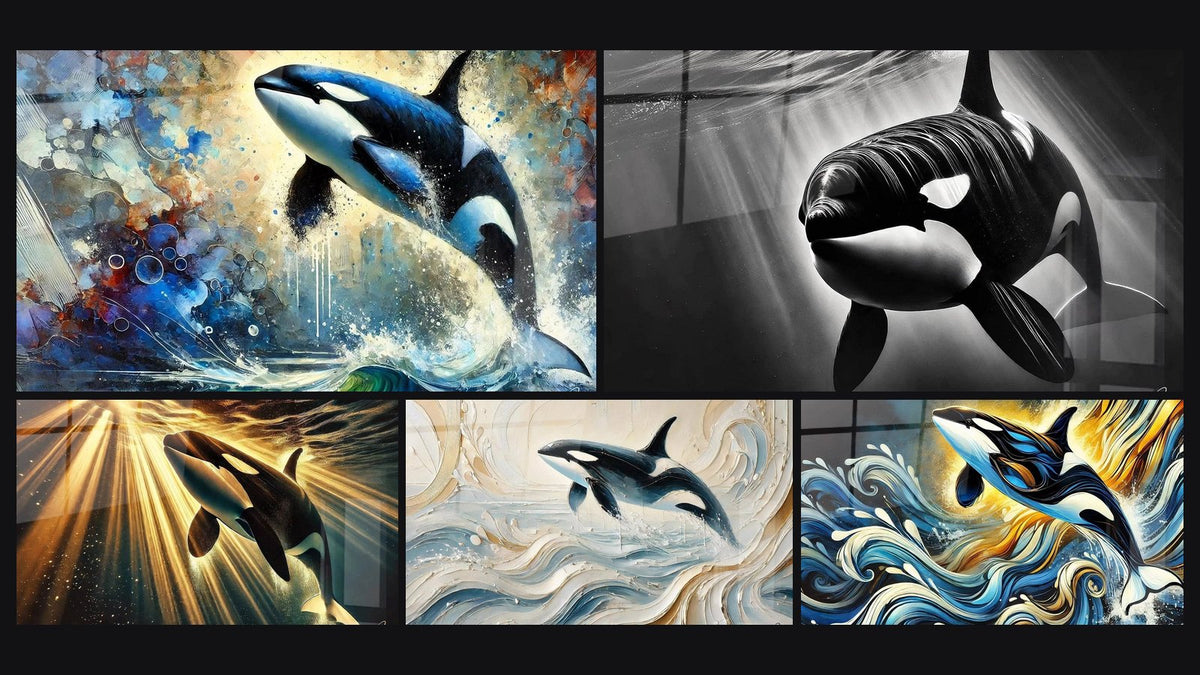 Mosaïque de cinq tableaux, dont Orque Stellaire, L'Orque des Abysses et Fluide et en Lumière