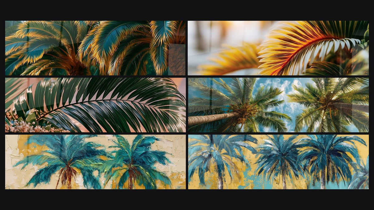 Mosaic of six paintings, including Green Palm Frond and Curved Peach Arch