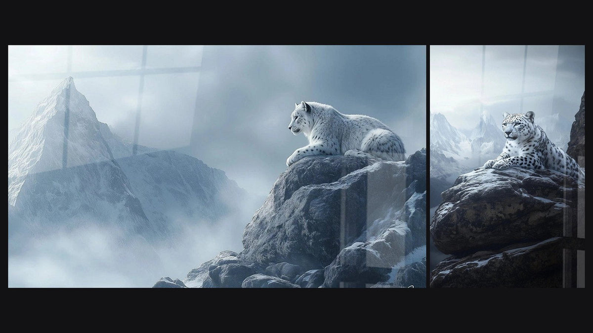 Deux tableaux côte à côte : Panthère des neiges N°2 et Panthère des neiges N°1