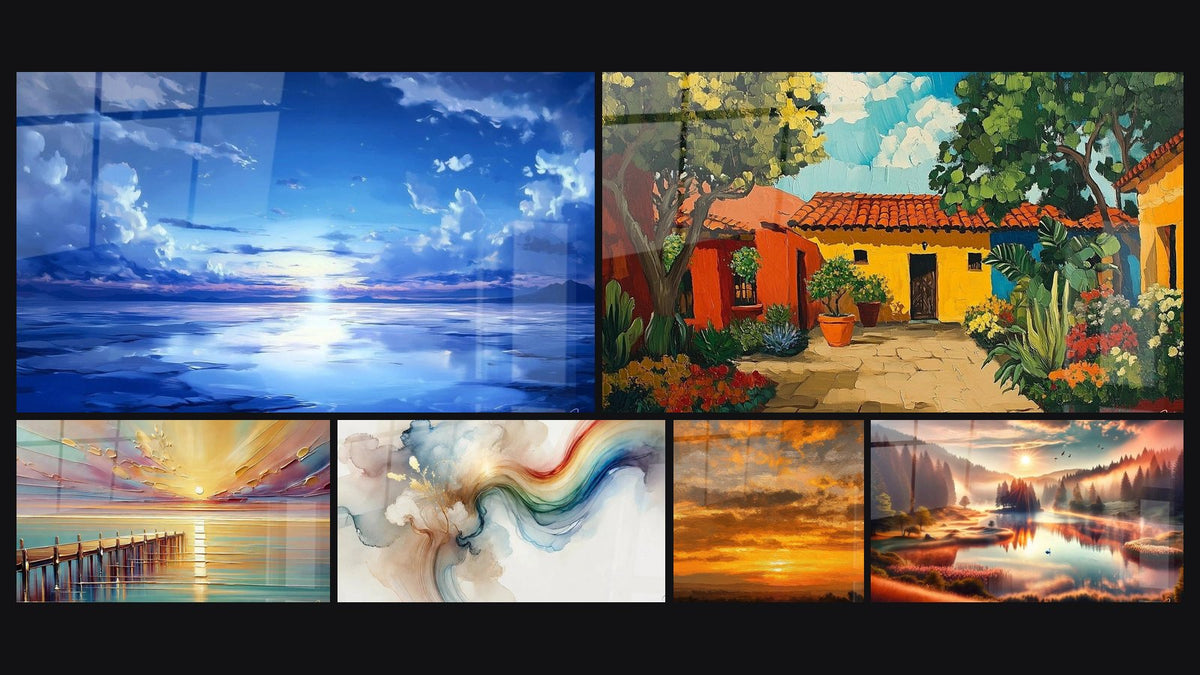Mosaïque de six tableaux, dont Infini Bleu, Lueur du Soir et Ode à la Couleur