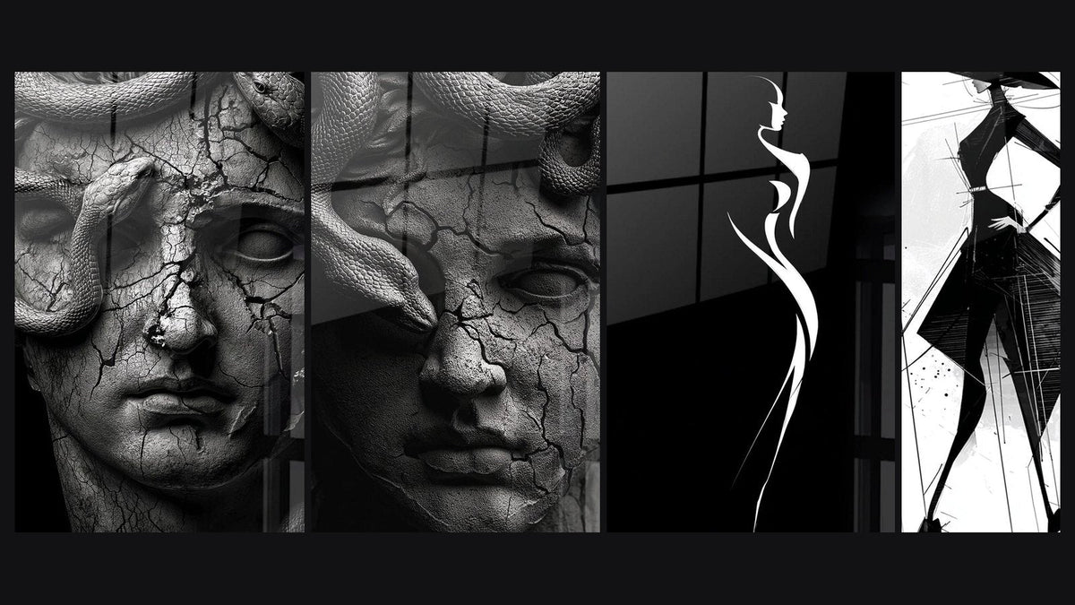 Mosaico de cuatro cuadros, entre ellos Medusa Serpientes, Mujer serpiente mitológica y Silueta Femenina Elegante