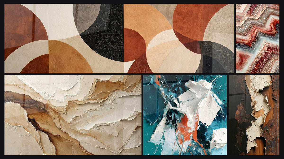 Mosaico de cinco cuadros, entre ellos Abstracto Beige y Tierra, Blanco Brillante y Sarcelle en Relieve y Fusión Geométrica