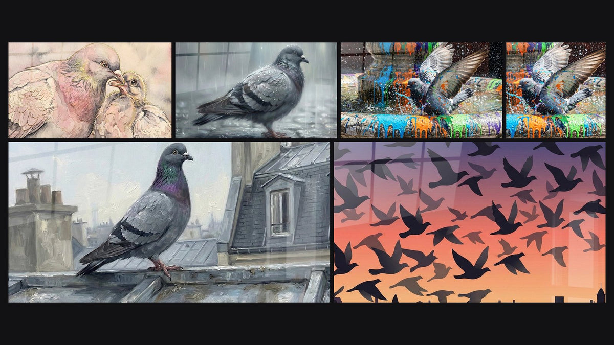 Mosaico di sei quadri, tra cui Piccione Grigio sotto la Pioggia Urbana