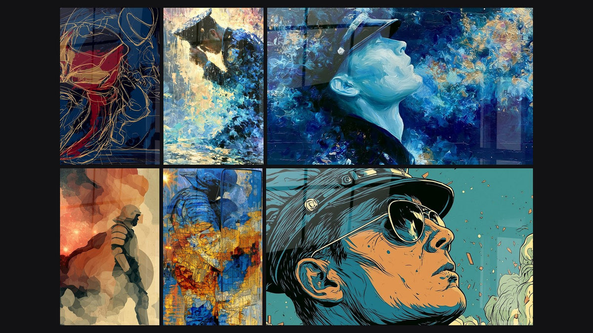 Mosaico di sei quadri, tra cui Silhouette di Poliziotto con Linee Dorate e Di Poliziotto con Volto Rovesciato Bluoro