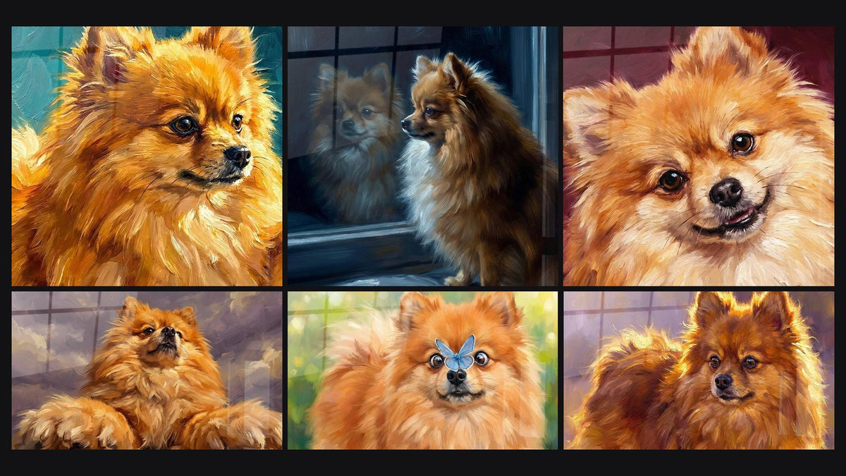 Mosaico de seis cuadros, entre ellos Spitz Pomeranio Dorado con Ojos Expresivos y Perro Rojo en la Ventana con Reflejo