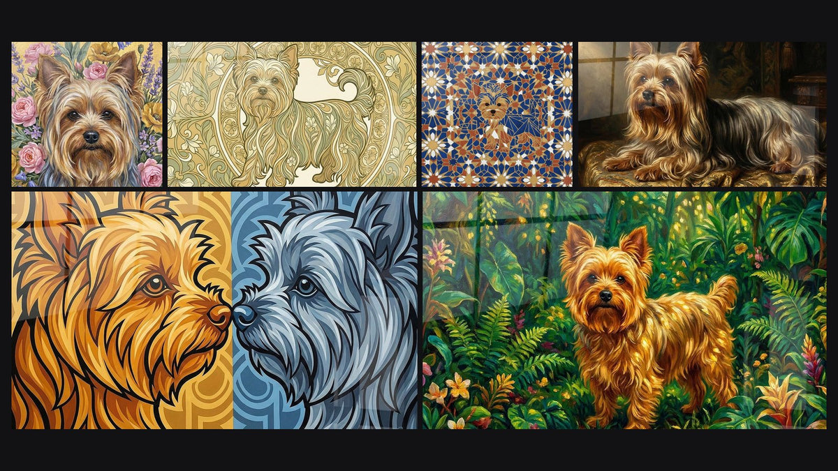 Mosaïque de six tableaux, dont Chien aux Motifs Floraux Dorés et Duo de Chiens Dorés et Argentés