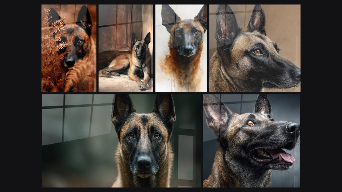 Mosaïque de six tableaux, dont Portrait Canin de Profil aux Tons Chauds