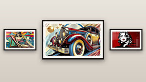 Galerijwand met drie ingelijste schilderijen, waaronder Tafelstuk Amerikaanse Pin-Up en Karmozijnrode Dromerij