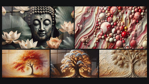 Mosaic of five paintings, including Serenity in Bloom, Pearl Universe and Tree of Life Zen Dance of Seasons