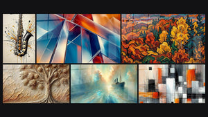 Mosaic of six paintings, including Saxophone Wall Art N°1, Lines of Light and Autumn Landscape