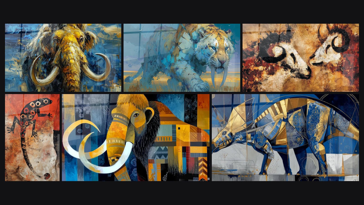 Mosaïque de six tableaux, dont Mammouth laineux aux défenses courbées, Smilodon aux crocs saillants et Taureaux primitifs