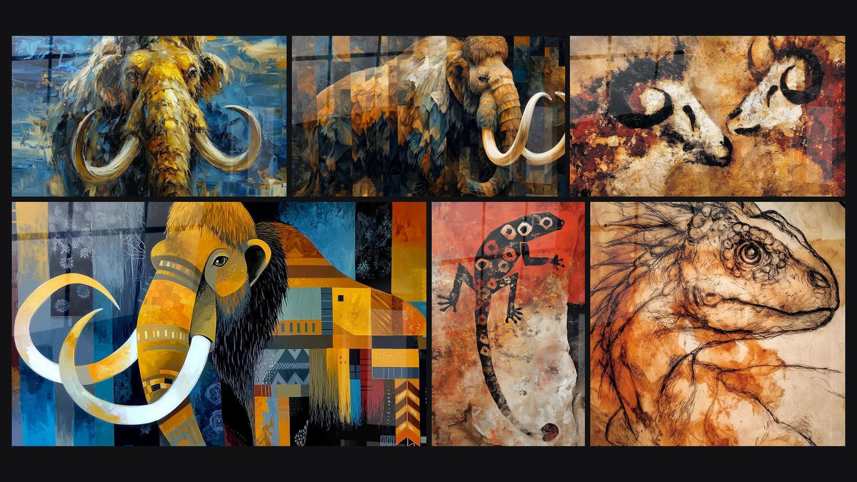 Mosaic of six paintings, including Mosaic Abstract Woolly Mammoth, Woolly Mammoth Geometric and Primitive Bulls