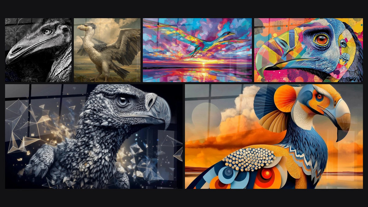 Mosaïque de six tableaux, dont Oiseau Préhistorique, Argentavis Magnificens et Oiseau Volant Multicolore