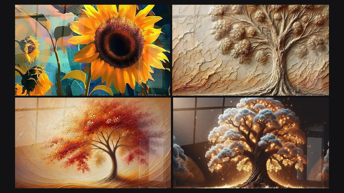 Mosaico di quattro quadri, tra cui Girasole N°1, Danza delle Stagioni e Albero della Notte