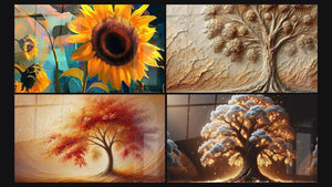 Mosaico de cuatro cuadros, entre ellos Girasol N°1, Danza de las Estaciones y Árbol Nocturno